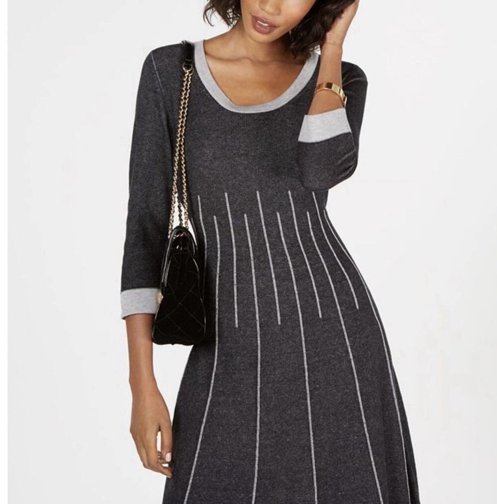 Nine West Charcoal Gray Fit-and-Flare Sweater Dress 3/4 Sleeve Sz Medium Modest
